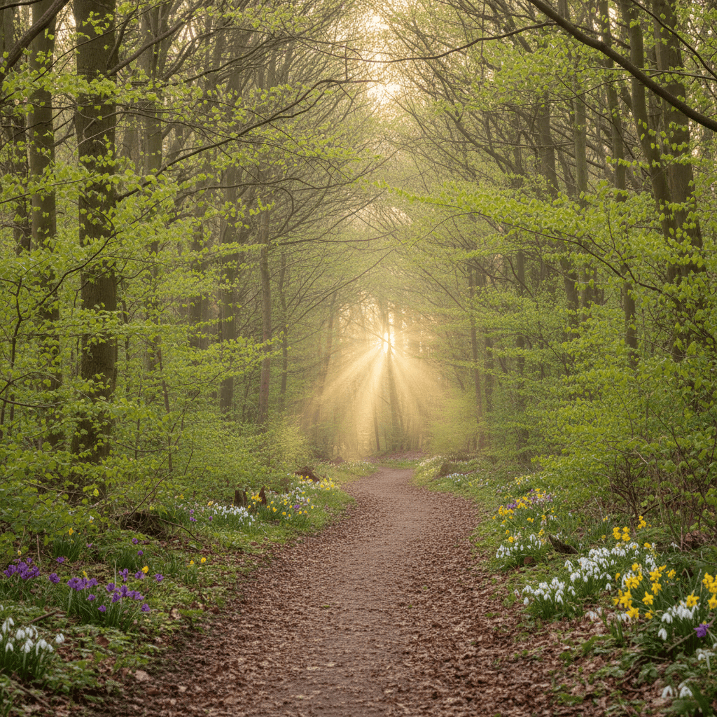 A serene spring forest path with fresh green leaves budding on the trees, wildflowers scattered along the path edges, soft dappled light from the side, and two golden sunbeams breaking through the canopy deep in the background of the path, creating a warm glowing effect in the distance. Peaceful and hopeful atmosphere.